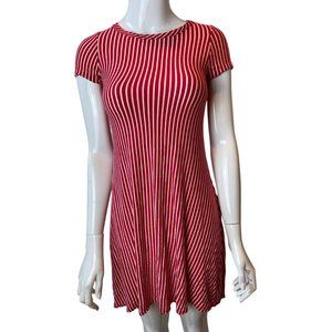 TMG Women Striped Mini Dress Cap Sleeve Stretch Round Neck Knitted Red White S